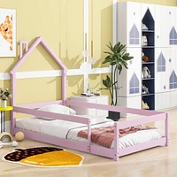 Streamdale Furniture Twin Size Wood Bed With Houseshaped Headboard Floor Bed With Fences, Pink