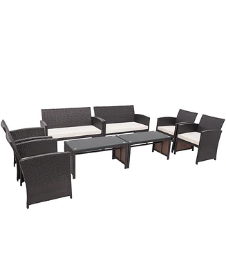 Gymax 8PCS Patio Conversation Set Outdoor Rattan Furniture Set w/ White Cushions