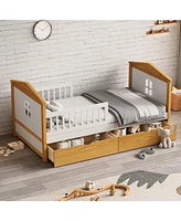 Streamdale Furniture Twin Size House Shape Bed with Two Drawers Wooden Bed for Girls Boys Teens, No Box Spring Needed, Walnut and White