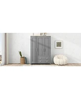 Three Door Storage Wardrobe with Cabinets and Two Hanging Rods, Gray