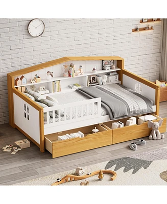 Simplie Fun Twin Size House Shape Bed with Two Drawers and Bookcase Headboard Wooden Bed for Girls Boys Teens, No Box Spring Needed, Walnut and White