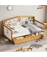 Simplie Fun Twin Size House Shape Bed with Two Drawers and Bookcase Headboard Wooden Bed for Girls Boys Teens, No Box Spring Needed, Walnut and White