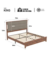 Streamdale Furniture King Size Bed Frame with Upholstered Headboard, King Bed Frame with Charging Station and Led Lights, Wood Slats, Dark Gray Linen,