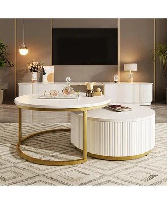 Streamdale Furniture Modern Round Nesting Coffee Table Fluted with Drawer in White & Gold in 31.5''