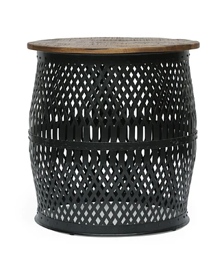 Simplie Fun Modern Industrial Side Table with Lace Cut Metal Frame and Mango Wood Top