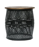 Simplie Fun Modern Industrial Side Table with Lace Cut Metal Frame and Mango Wood Top