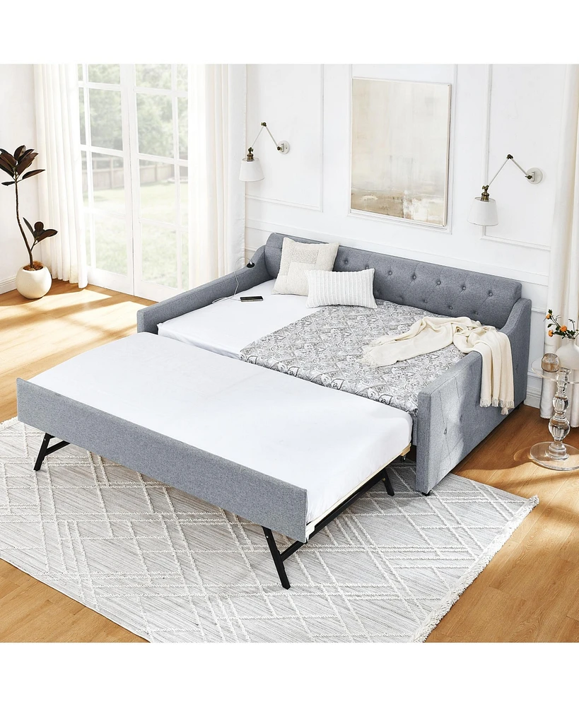 Streamdale Furniture Full-Size Upholstery Daybed with Pull-Out Trundle and Usb Charging