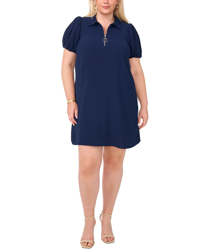 Msk Plus Collared-Zip-Neck Short-Sleeve Shift Dress