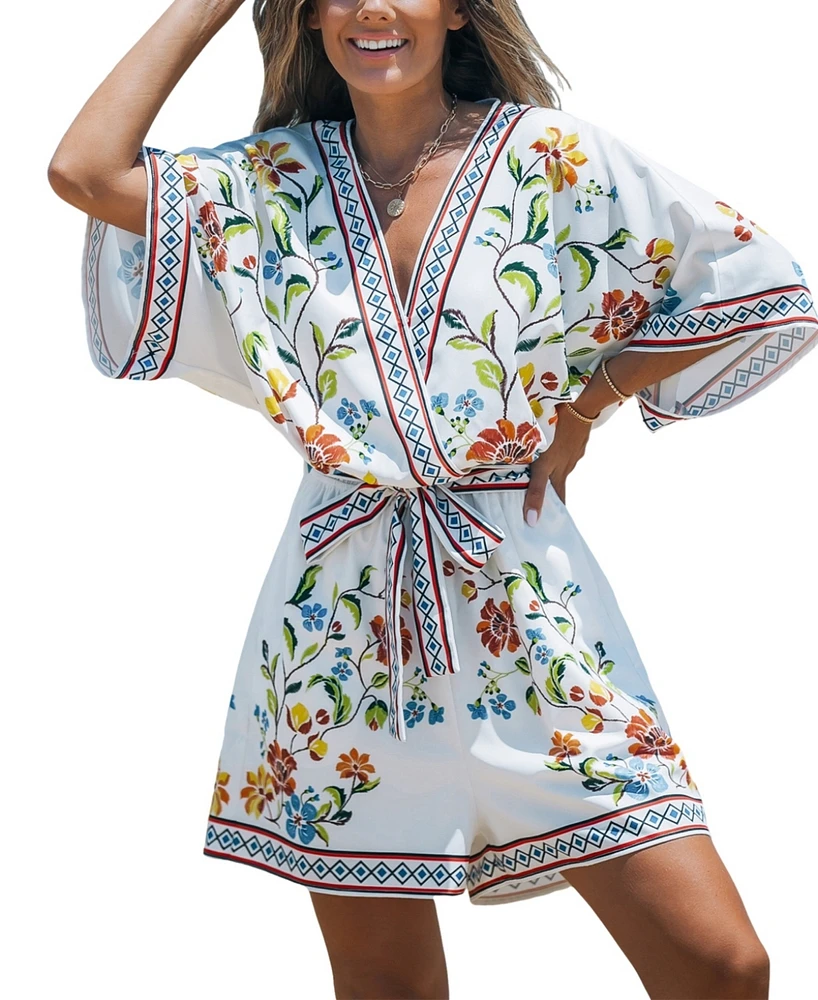 Cupshe Women's White Floral Surplice Half Sleeve Playsuit