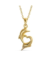 Bling Jewelry Nautical Tropical Vacation Honeymoon Swimming Heart Dolphins Charm Pendant Necklace For Women 14K Gold Plated .925 Sterling Silver