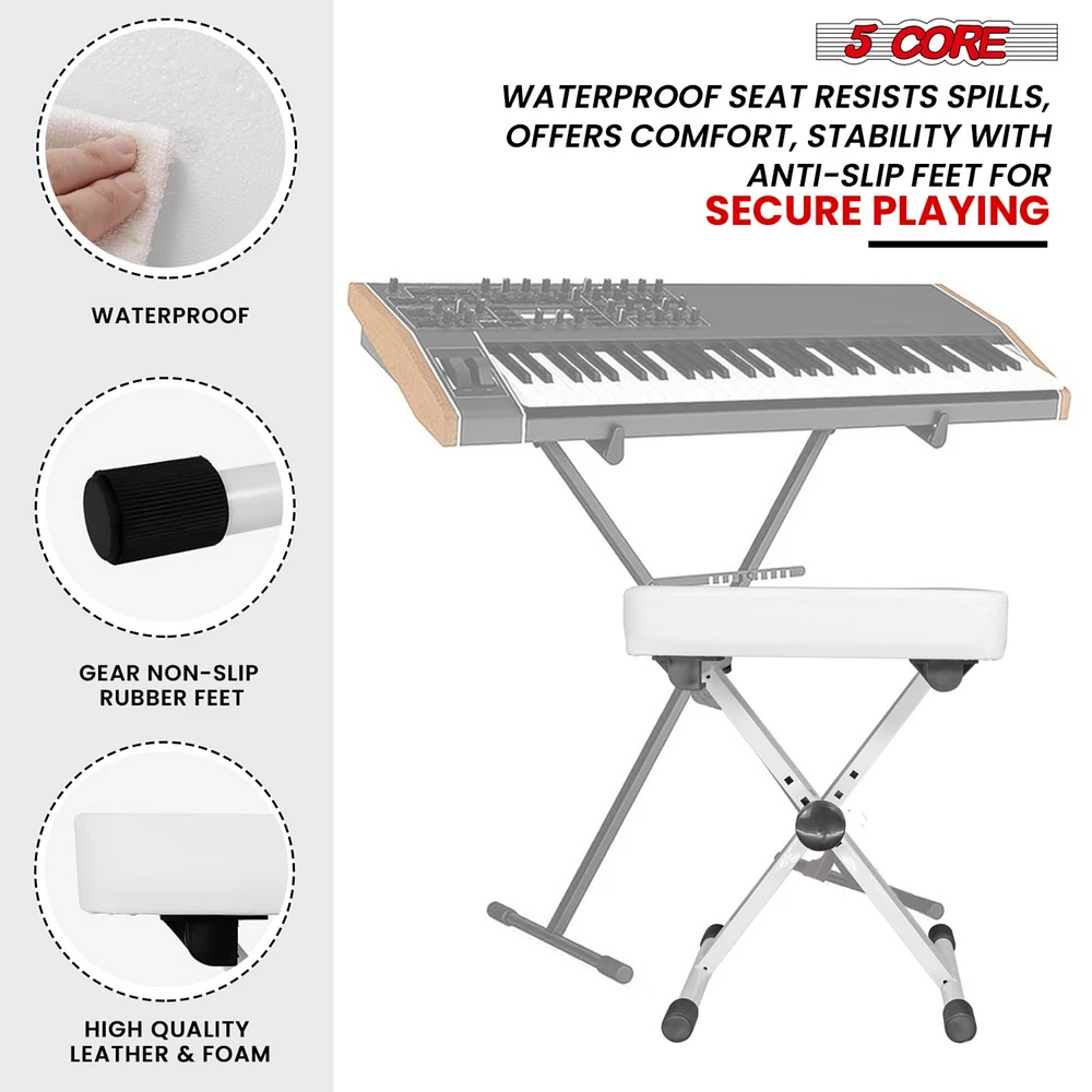 5 Core Keyboard Bench X Style Piano Stool Thick Padded Max 20.5 inch Height Adjustable Keyboards Chair White