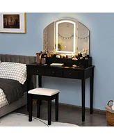 Sugift Vanity Table Stool Set with Large Tri-folding Lighted Mirror