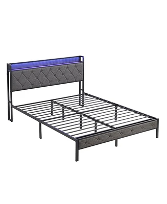 Mondawe Queen Bed Frame with Storage Headboard with Charging Station and Led Lights, Upholstered Platform Bed with Heavy Metal Slats