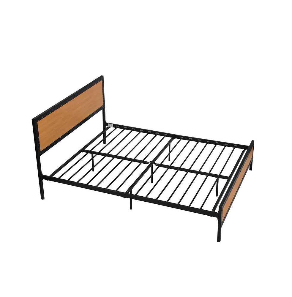 Mondawe Industrial Platform Queen Bed Frame/Mattress Foundation with Rustic Headboard and Footboard, Strong Steel Slat Support in Brown