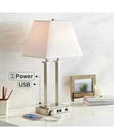 Possini Euro Design Amity Modern Table Lamp 26" High with Usb and Ac Power Outlet in Base Brushed Nickel White Linen Hardback Shade for Bedroom Living