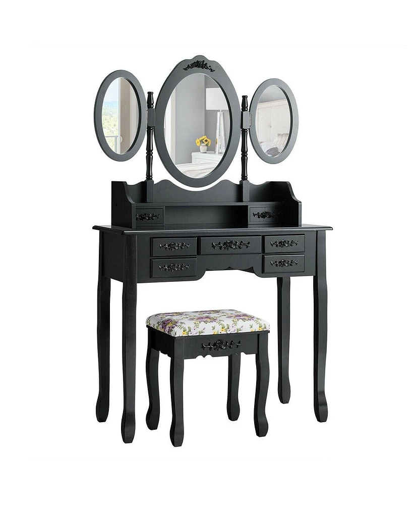 Sugift Vanity Set with Tri-Folding Mirror and Cushioned Stool