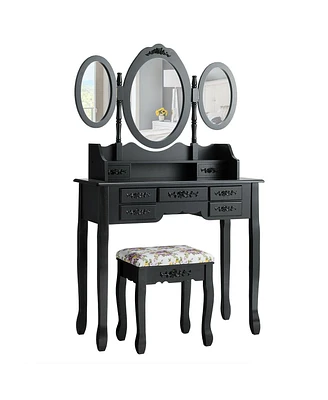 Sugift Vanity Set with Tri-Folding Mirror and Cushioned Stool