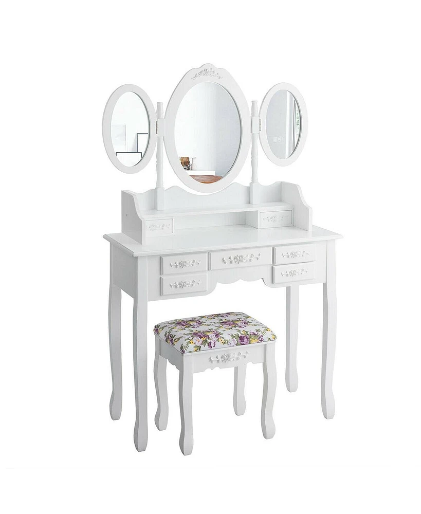 Sugift Vanity Set with Tri-Folding Mirror and Cushioned Stool