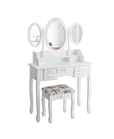 Sugift Vanity Set with Tri-Folding Mirror and Cushioned Stool