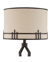 Franklin Iron Works Picket Modern Industrial Table Lamp with Usb Charging Port 28" Tall Oil Rubbed Bronze Iron Oatmeal Fabric Drum Shade for Living Ro