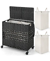 Costway 110L Laundry Hamper with Wheels Clothes Basket Lid & Handle 2 Liner Bags