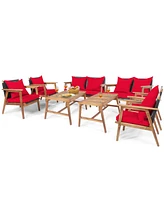 Gymax 8PCS Patio Conversation Set Wood Frame Furniture Set w/ Red Cushions