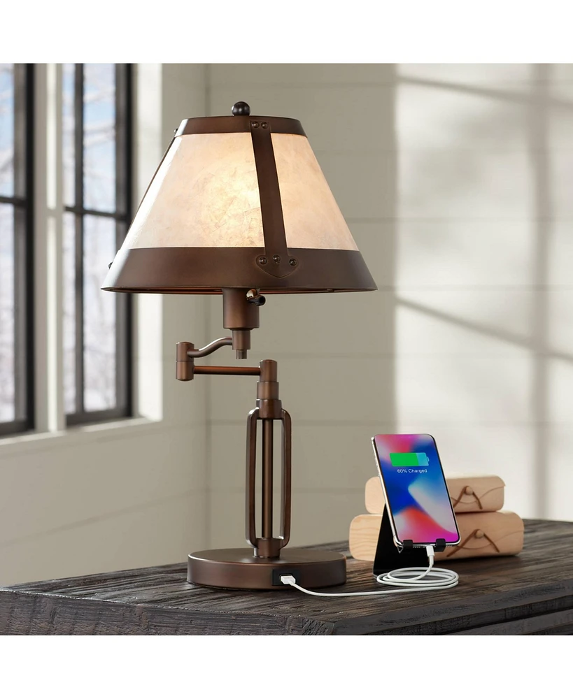 Franklin Iron Works Samuel Rustic Swing Arm Accent Table Lamp 21 1/4" High with Usb Charging Port Bronze Natural Mica Shade for Living Room Bedroom Ho