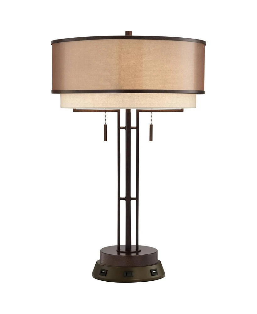 Franklin Iron Works Andes Rustic Industrial Table Lamp with Usb and Ac Power Outlet Workstation Charging Base 26" High Oil Rubbed Bronze Stacked Doubl