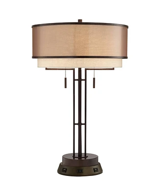 Franklin Iron Works Andes Rustic Industrial Table Lamp with Usb and Ac Power Outlet Workstation Charging Base 26" High Oil Rubbed Bronze Stacked Doubl