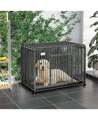 PawHut 43" Heavy Duty Dog Cage, Foldable Steel Crate Kennel with Removable Tray, Double Doors, 4 Lockable Wheels for Medium & Large Dogs, Dark Silver