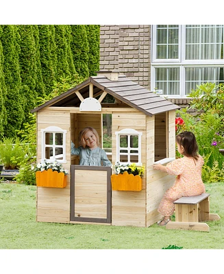 Outsunny Wooden Playhouse for Kids Outdoor Garden Pretend Play Games, Adventures Cottage, with Working Door, Windows, Bench, Service Station, Flowers