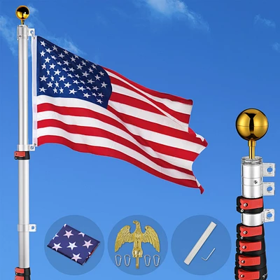 Yescom 30ft Telescopic Aluminum Flagpole w/ Eagle Gold Ball Top Finial 3'x5' Us Flag Kit