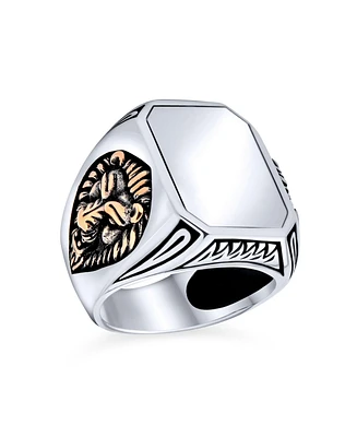 Bling Jewelry Big Statement Masculine King Of Jungle Rectangle Monogram Initial Signet Accent Lion Ring For Men Solid Oxidized Sterling Silver Handmad
