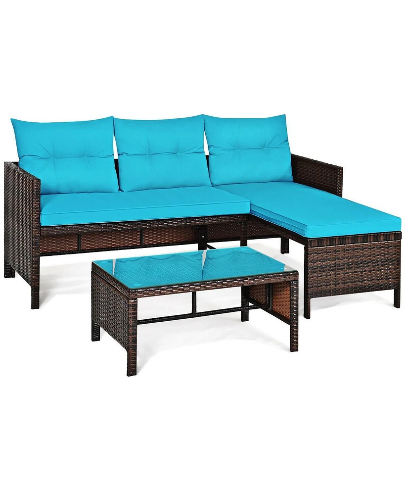 Sugift 3 Pieces Outdoor Patio Corner Rattan Sofa Set-Turquoise