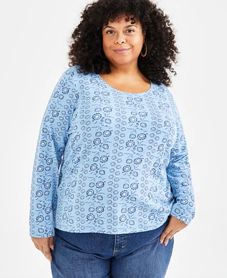 Style & Co Plus Printed Scoop-Neck Long-Sleeve Top, Created for Macy's