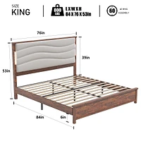 Simplie Fun King Size Bed Frame with Upholstered Headboard, King Bed Frame with Charging Station and Led Lights, Wood Slats, Dark Gray Linen, No Box S