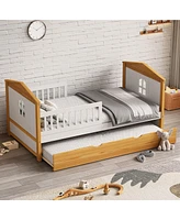 Simplie Fun Twin Size House Shape Bed with Trundle Wooden Bed for Girls Boys Teens, No Box Spring Needed, Walnut and White