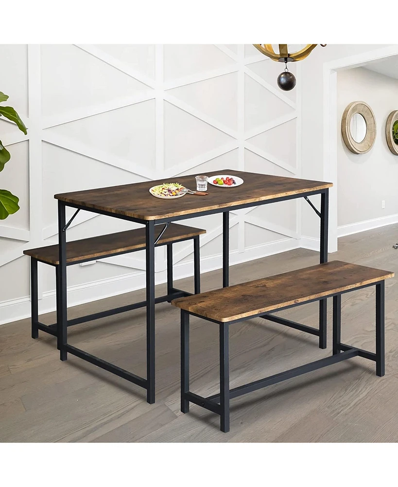 Streamdale Furniture Industrial 3-Piece Dining Table Set with Foldable Benches for Small Spaces