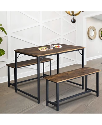 Simplie Fun Industrial 3-Piece Dining Table Set with Foldable Benches for Small Spaces