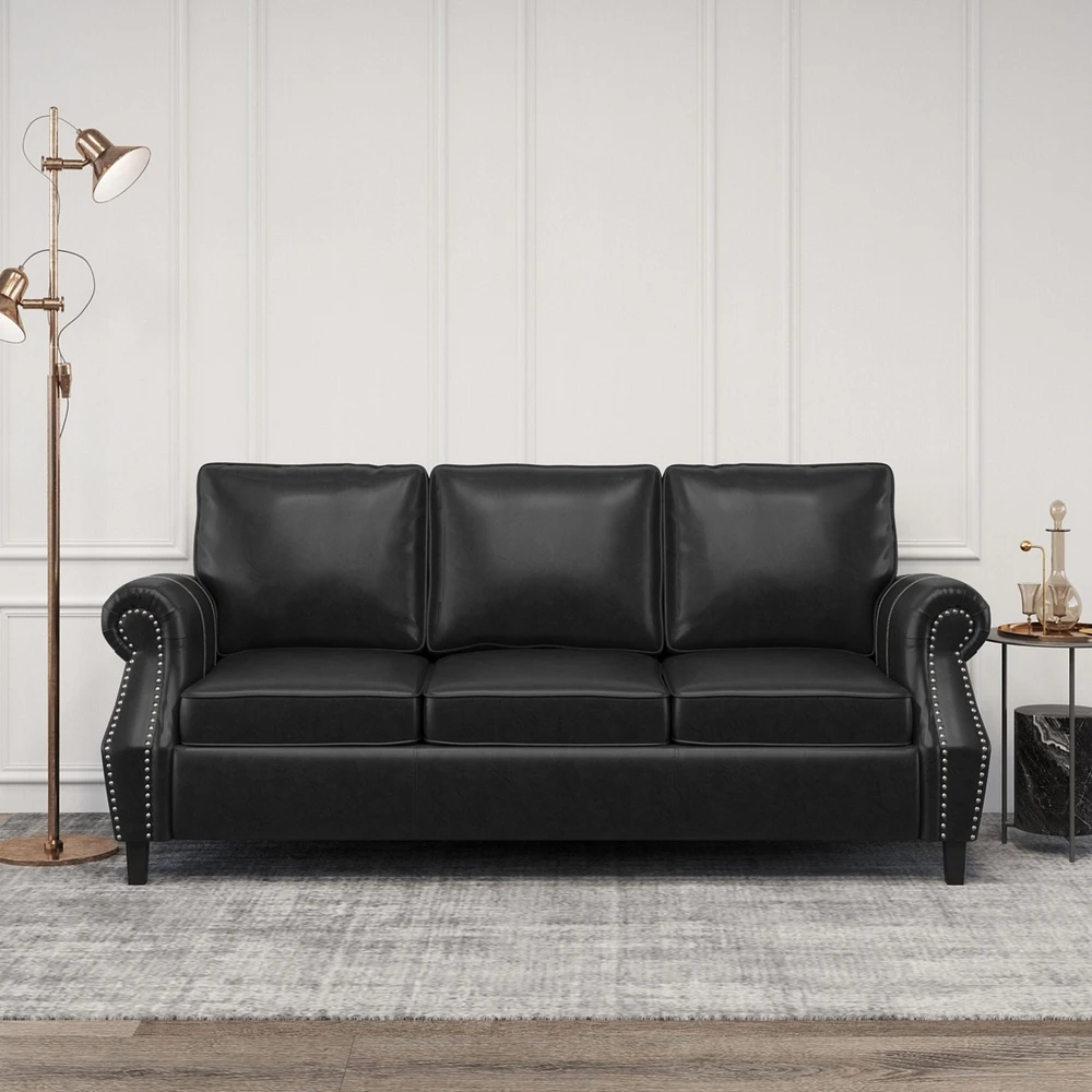 Contemporary Faux Leather Upholstered Sofa with Nailhead Accents