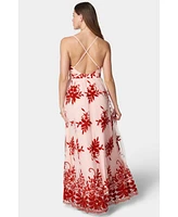 Bebe Women's Plunge Neck Embroidered Maxi Dress