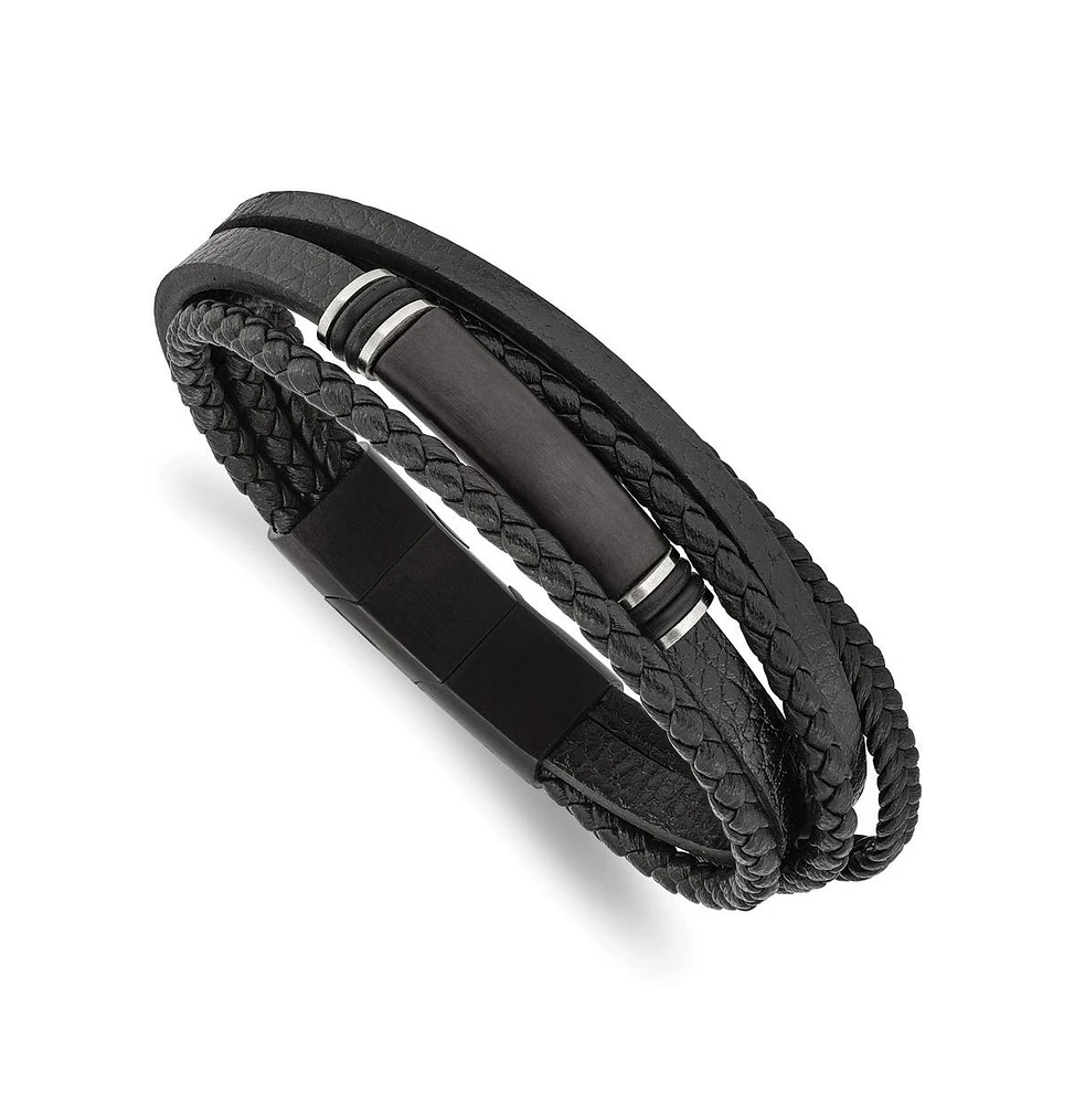 Chisel Stainless Steel Brushed Black plated Black Leather Id Bracelet