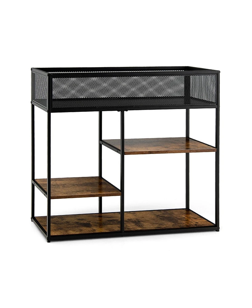 Slickblue 4-Tier Industrial Console Table with Wire Basket and shelf-Rustic Brown