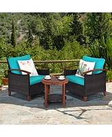 Gymax 3PCS Patio Wicker Rattan Conversation Set Outdoor Furniture Set w/ Turquoise Cushion