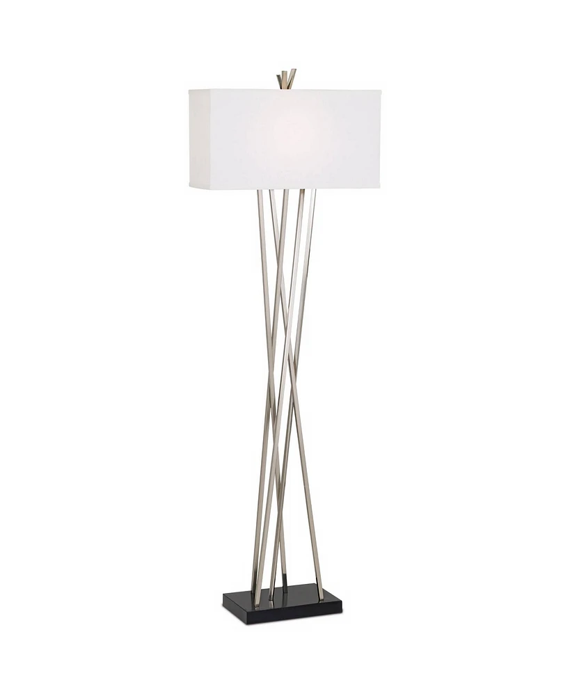 Possini Euro Design Modern Floor Lamp Standing 63.5" Tall Brushed Nickel Silver Black Asymmetry Rectangular White Linen Fabric Shade Decor for Living