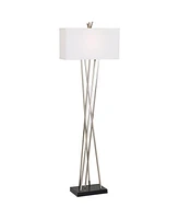 Possini Euro Design Modern Floor Lamp Standing 63.5" Tall Brushed Nickel Silver Black Asymmetry Rectangular White Linen Fabric Shade Decor for Living