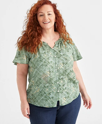 Style & Co Plus Size Printed Round-Neck Flutter-Sleeve Top, Created for Macy's