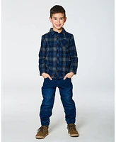 Deux par Toddler Boys Button Down Flannel Shirt With Pocket Plaid Navy And Gray - Toddler|Child