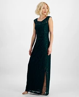 Connected Petite Boat-Neck Sleeveless Sequin Gown