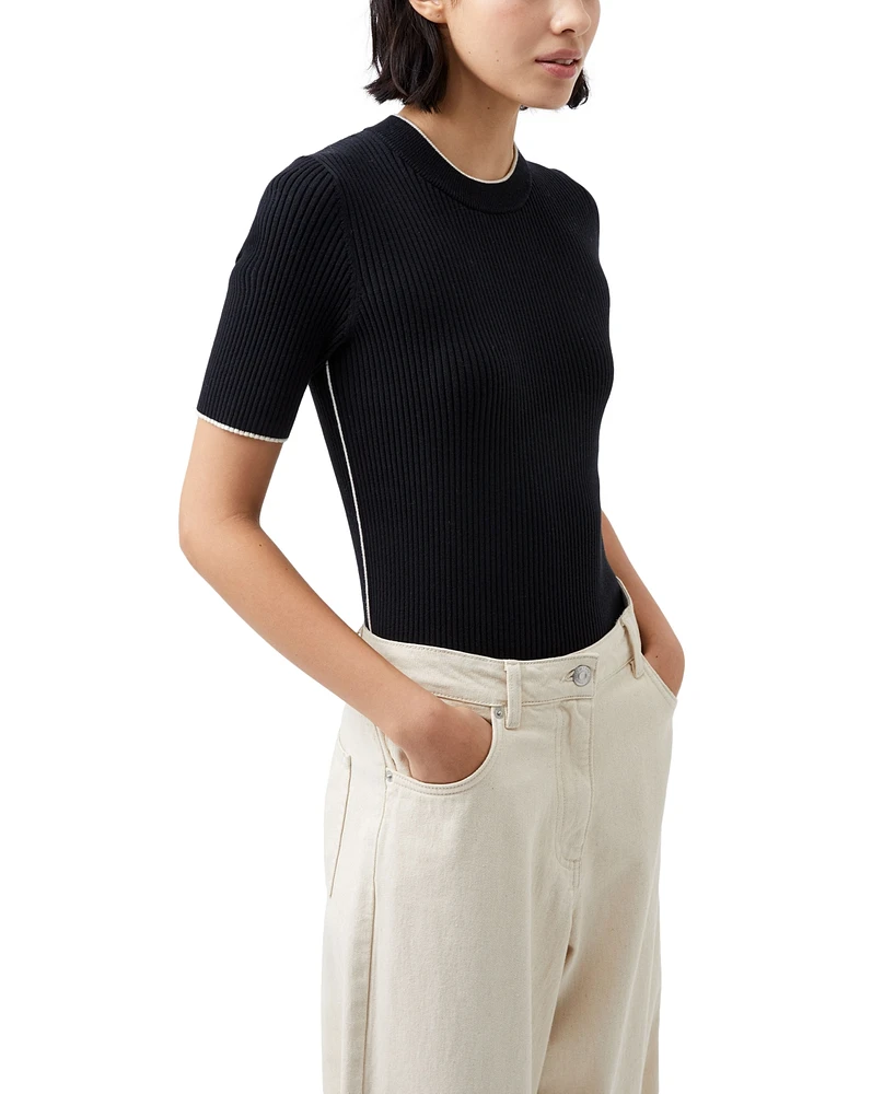 French Connection Women's Mozza Short-Sleeve Contrast-Trim Cotton Sweater Top